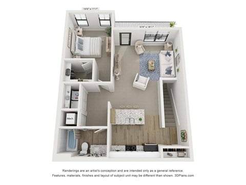 Floor plan for 1 bed, 1 bath, 909 sqft